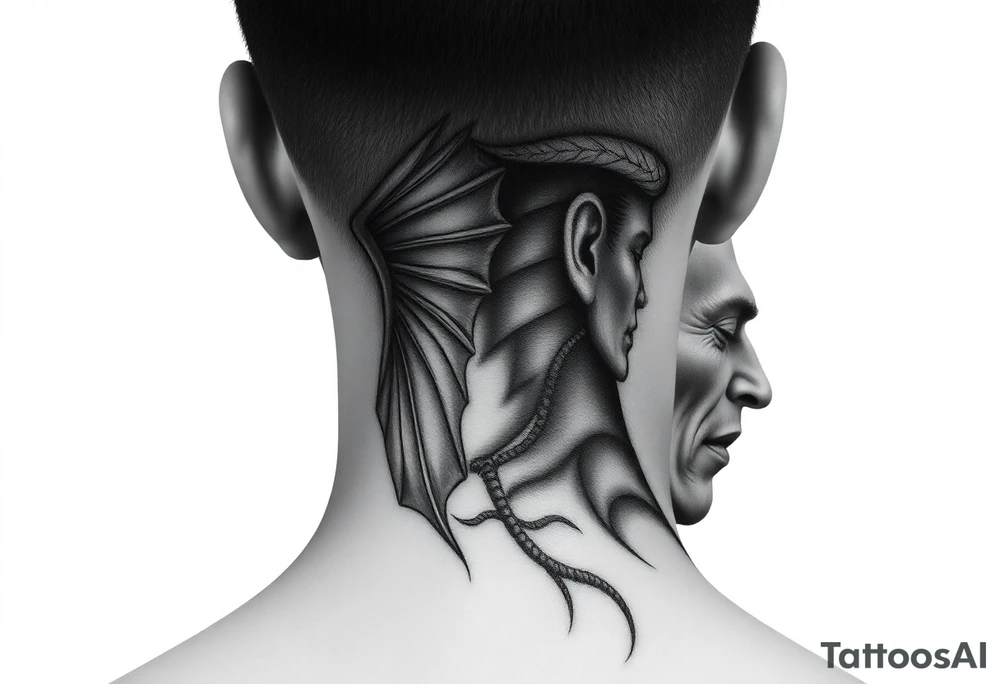 position behind the neck Angel (on the right) whispering in the right ear, demon (on the left) whispering in the left ear. It must be as realistic as possible. tattoo idea