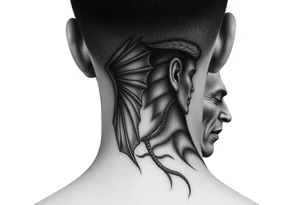 position behind the neck Angel (on the right) whispering in the right ear, demon (on the left) whispering in the left ear. It must be as realistic as possible. tattoo idea