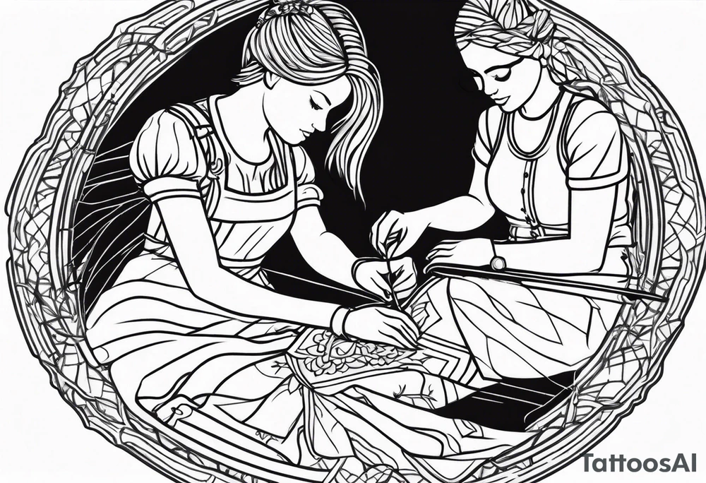 Male and female rag doll being sewn together tattoo idea