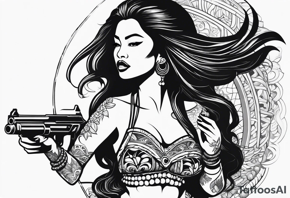 old school tahtian hawaian hula girl   with famas gun tattoo idea