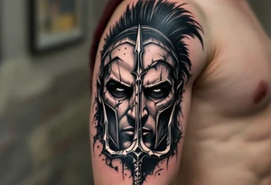 close-up spartan face behind trident tattoo idea