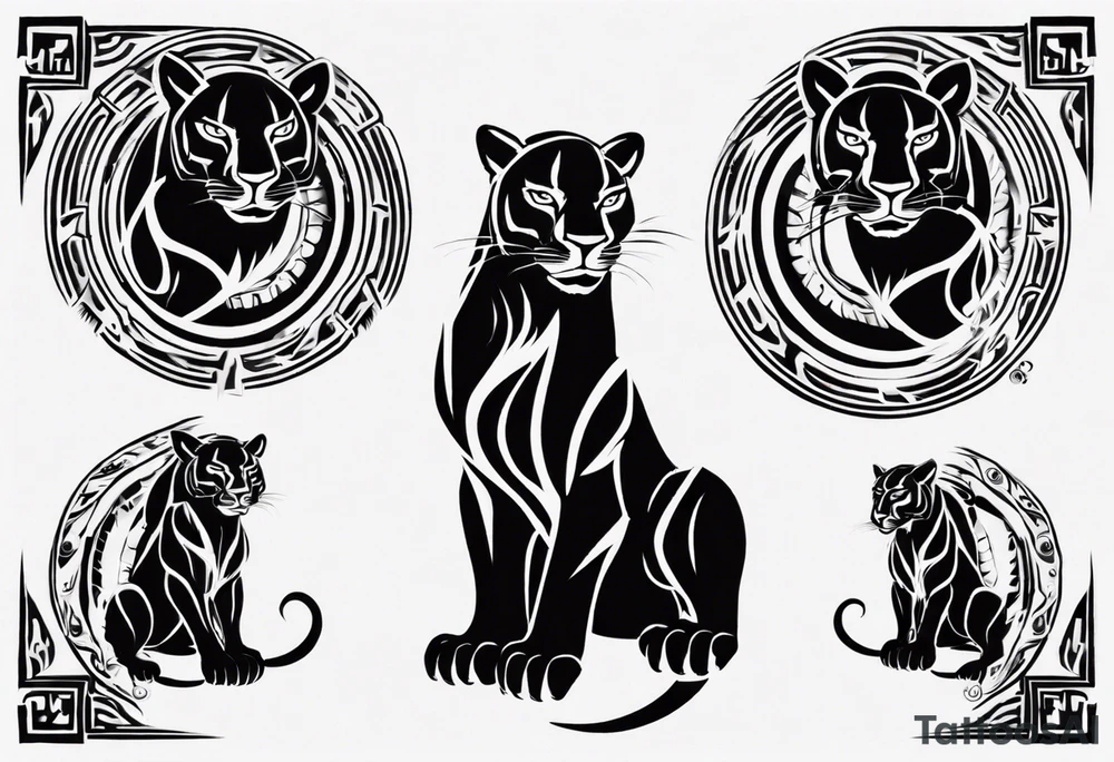 Generate a tattoo concept with two black pumas flanking a central element. Position the pumas side by side, facing outward, mirroring each other's stance. tattoo idea