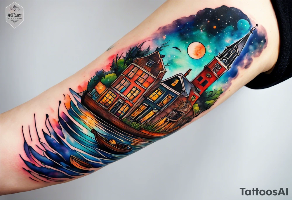 Arm tattoo featuring wildlife and birds in canal in Amsterdam in space featuring galaxy colours and watercolour tattoo idea