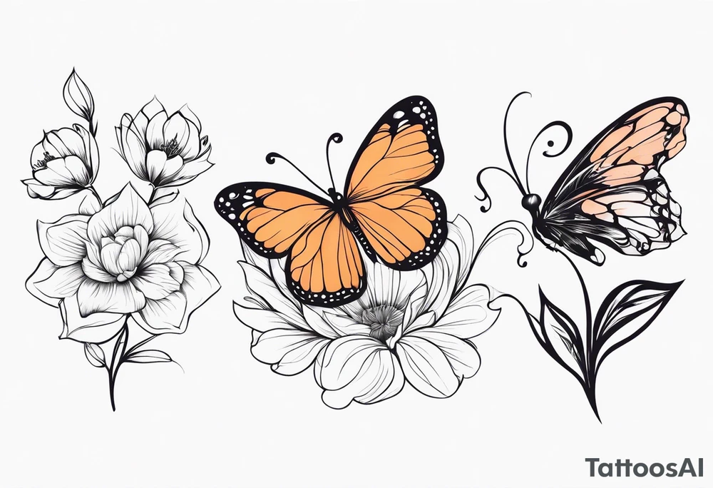 Large floral design of 3 different flowers with a fairy and butterfly tattoo idea