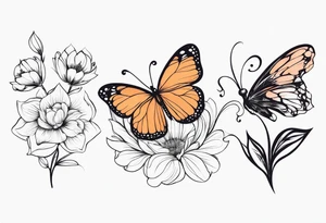 Large floral design of 3 different flowers with a fairy and butterfly tattoo idea