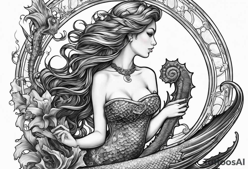mermaid holding trident side profile, looking at seahorse and shipwreck octopus tentacles tattoo idea
