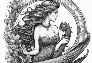 mermaid holding trident side profile, looking at seahorse and shipwreck octopus tentacles tattoo idea