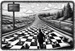 a road sign that say road to riches with a person walkin on a chessboard tattoo idea