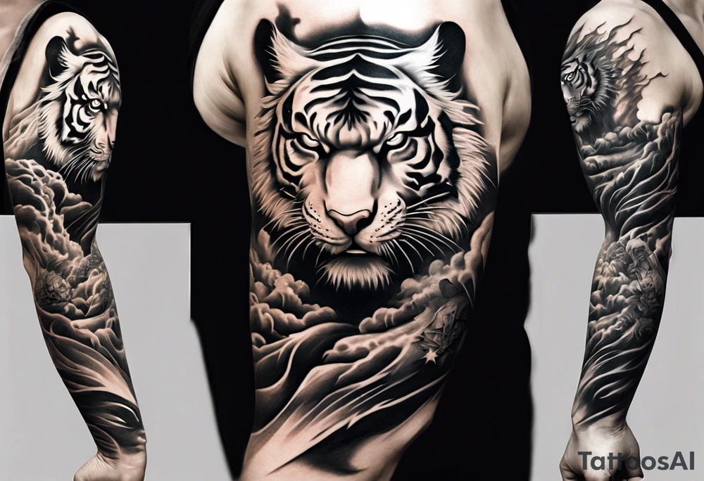 Tiger Warrior sleeve tattoo with lightning and the sun
Forearm sleeve tattoo idea