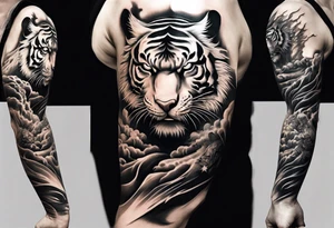 Tiger Warrior sleeve tattoo with lightning and the sun
Forearm sleeve tattoo idea