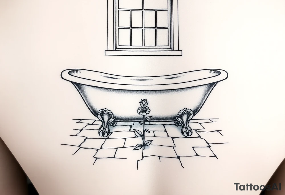 clawfoot bathtub with window above it. add a tile floor with a flower growing through the cracks tattoo idea