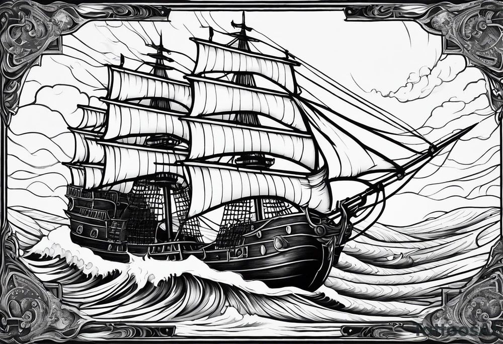 Black pearl pirate ship with waves tattoo idea
