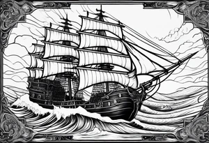 Black pearl pirate ship with waves tattoo idea