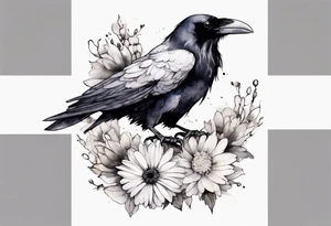 a raven with a small white chrysanthemum on its head tattoo idea