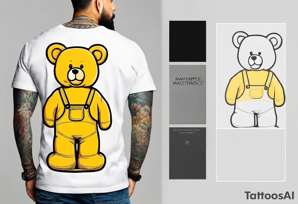 the back of a standing teddy bear in yellow overalls tattoo idea