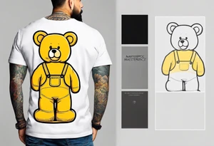 the back of a standing teddy bear in yellow overalls tattoo idea