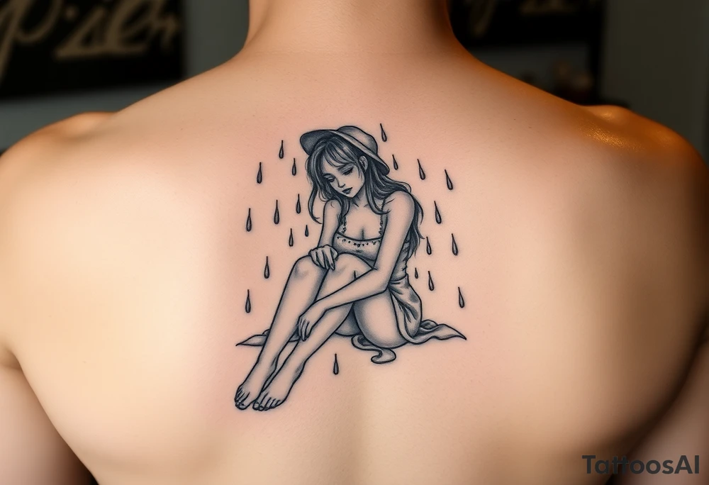 A girl sitting in the rain  letting the rain take her away as it pours as she’s fading tattoo idea