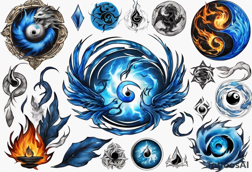 Blue fire mix with ying and yang symbol tattoo idea