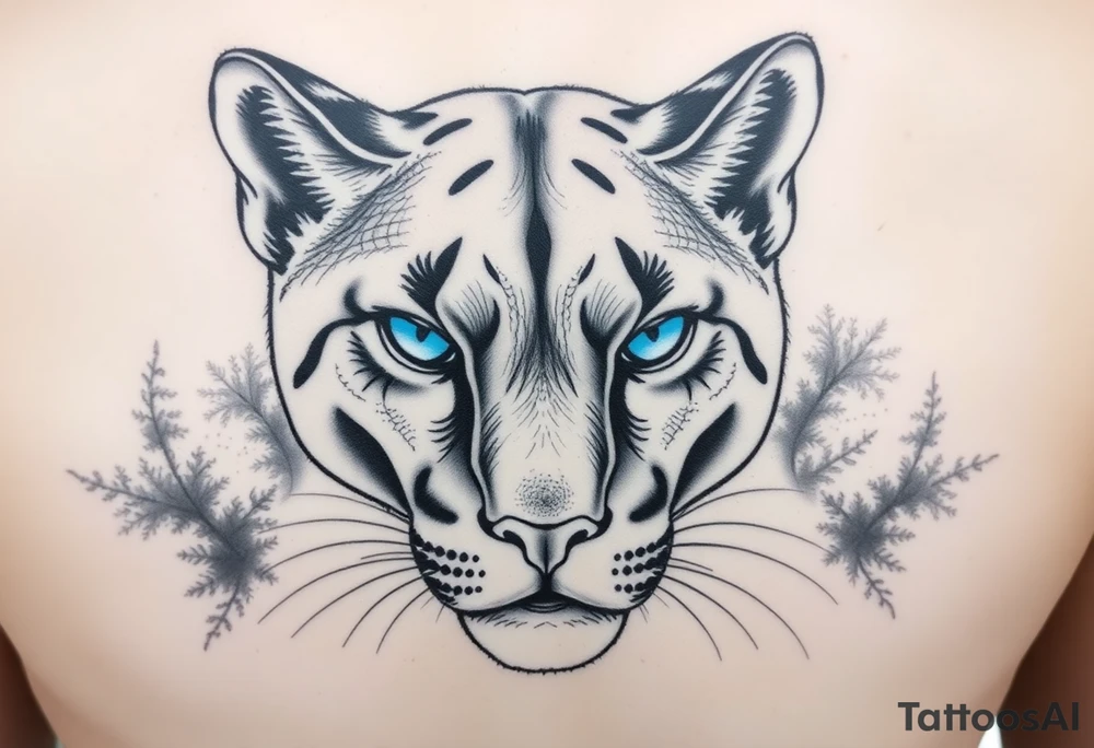 The puma should look strong, elegant, and slightly mysterious.

I want it to have striking, deep blue eyes – that’s an important feature.

Style: I’m open to realism or slightly stylized, but it should still look powerful and beautiful.

The expression should show confidence or calm focus – not aggressive, but alert and intelligent.

Background: Can be minimal or with subtle nature elements (like mist, forest shadows, or moonlight) – nothing too busy.

I’d like the overall composition to feel balanced and meaningful, something that represents inner strength and independence. tattoo idea