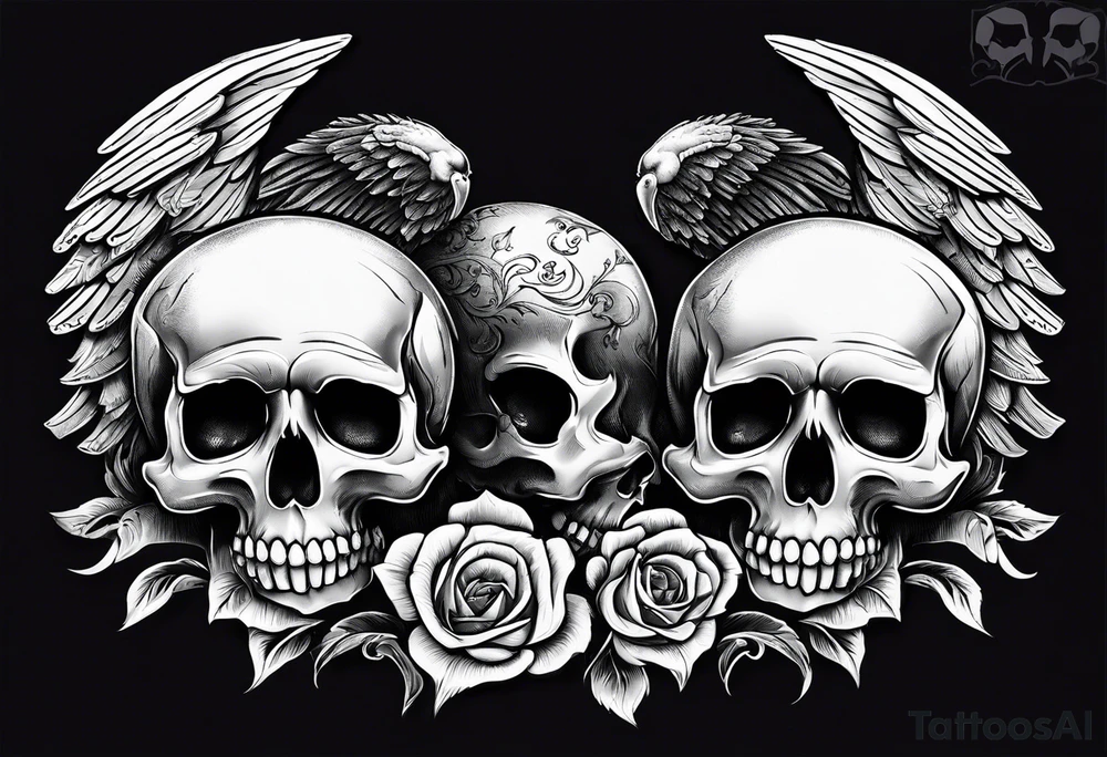 See no evil hear no evil speak no evil skulls go down the back with angel wings wrapped around the skulls tattoo idea