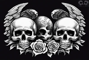 See no evil hear no evil speak no evil  skulls go down the back with angel wings wrapped around the skulls tattoo idea