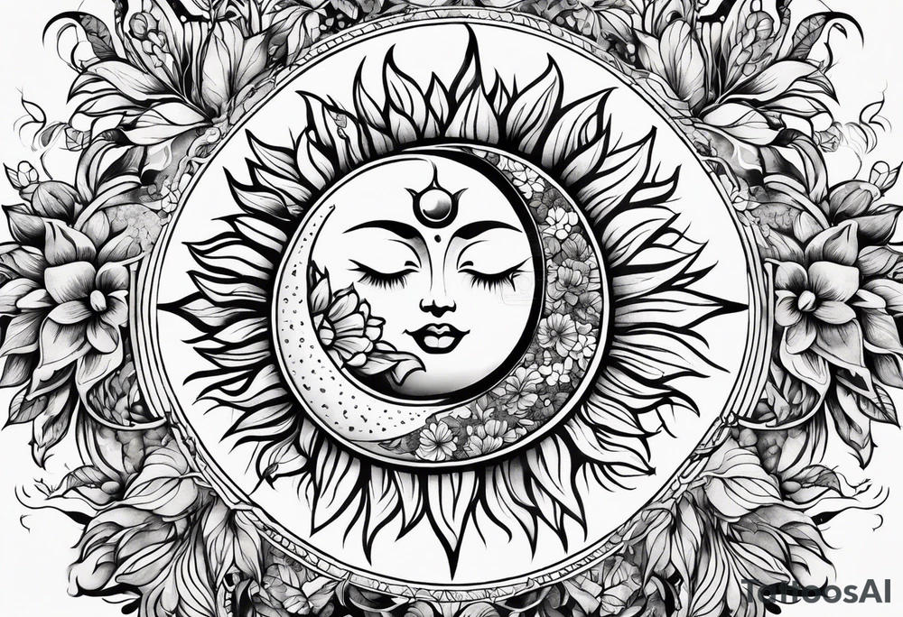 Floral sun and moon tattoo idea