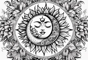 Floral sun and moon tattoo idea