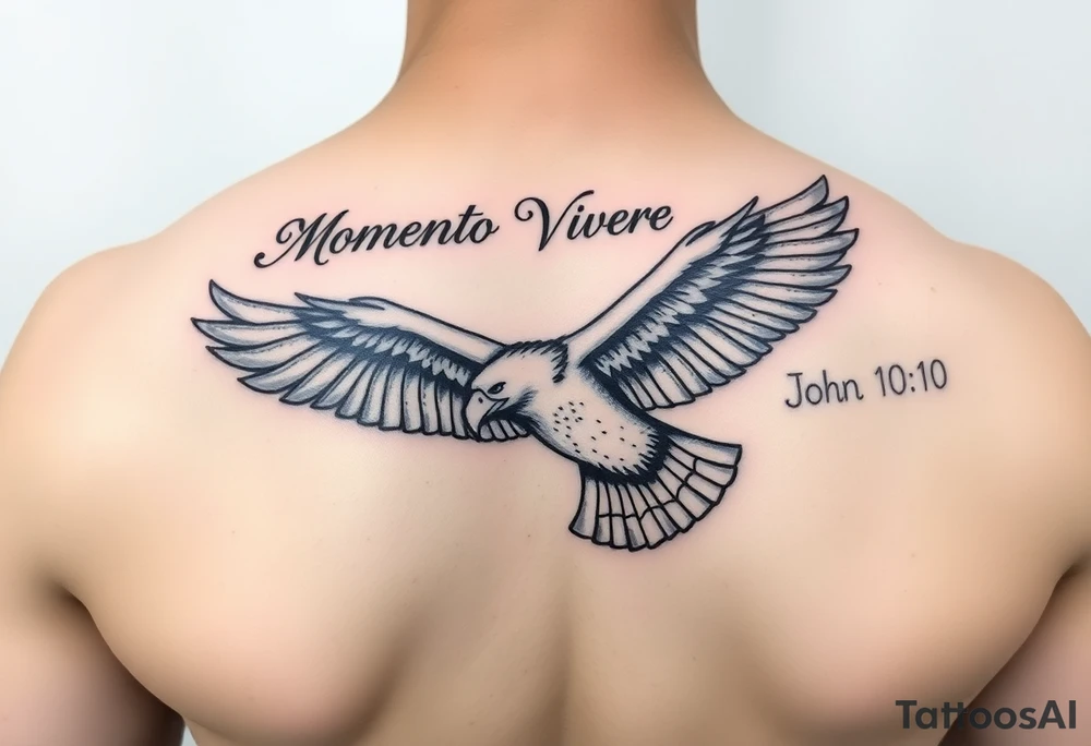 realistic eagle in flight, the words Momento Vivere above eagle and John 10:10 below tattoo idea