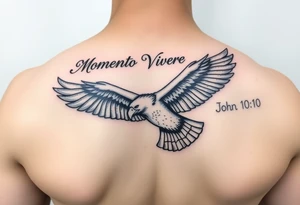 realistic eagle in flight, the words Momento Vivere above eagle and John 10:10 below tattoo idea