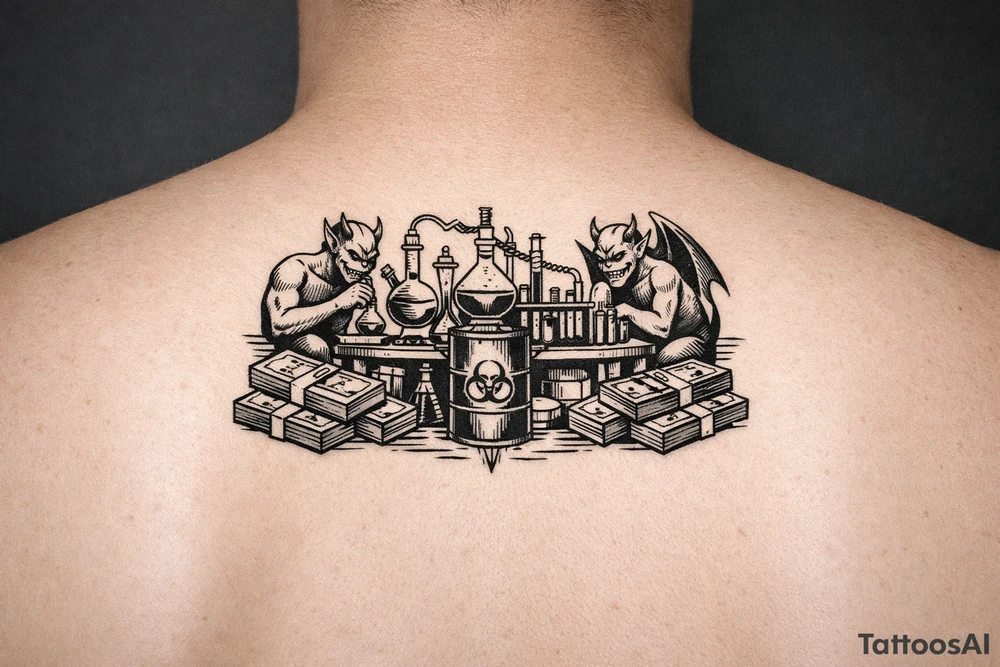 Meth lab with demons and money tattoo idea