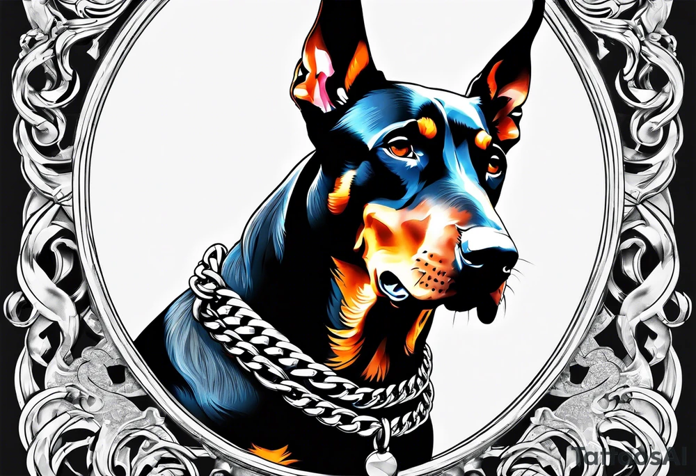 Doberman dog being aggressive with chain around his neck tattoo idea