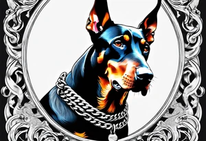 Doberman dog being aggressive with chain around his neck tattoo idea