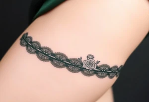 garter tattoo with dark forest green velvet, with baroque-inspired gold accents and tiny intricate roses tattoo idea