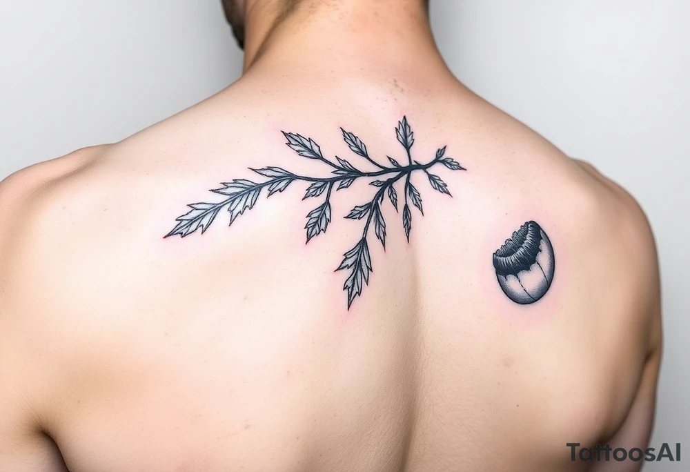 colored tattoo on the shoulder with the image of an oak branch and poppy seeds tattoo idea