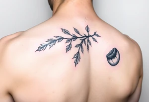 colored tattoo on the shoulder with the image of an oak branch and poppy seeds tattoo idea
