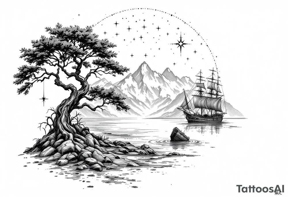 tattoo that has an acacia tree with mountains, ocean with a ship wreck and the northern star tattoo idea