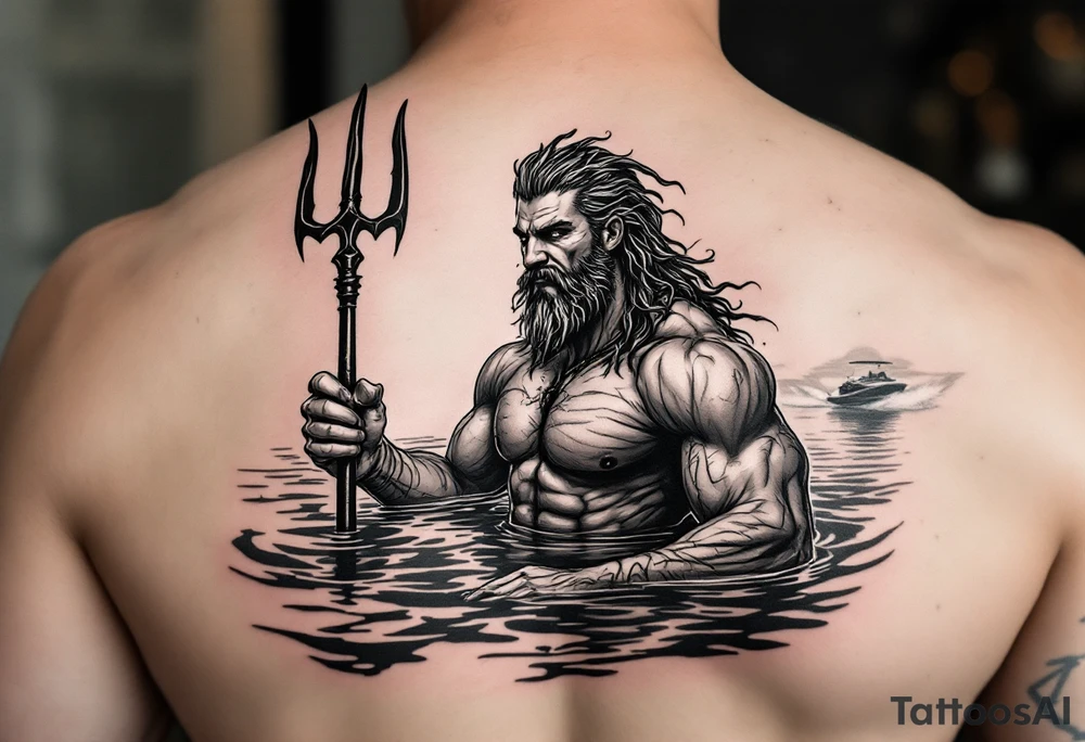 young, happy, fit poseidon in calm water, holding a trident, drinking a beer, with sunset, with ski boat tattoo idea