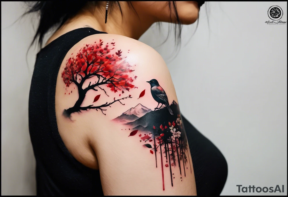 trash polka style. Arm tattoo. chest tattoo. Long tattoo. large tattoo. Full sleeve. Shoulder. A single large maple tree with red autumn leaves that branches upwards from wrist to shoulder. White-throated dipper bird on the trees branches. Calluna flowers at the base of the trees stem. Red/yellow sunset behind the trees stem. Leaves falling. tattoo idea