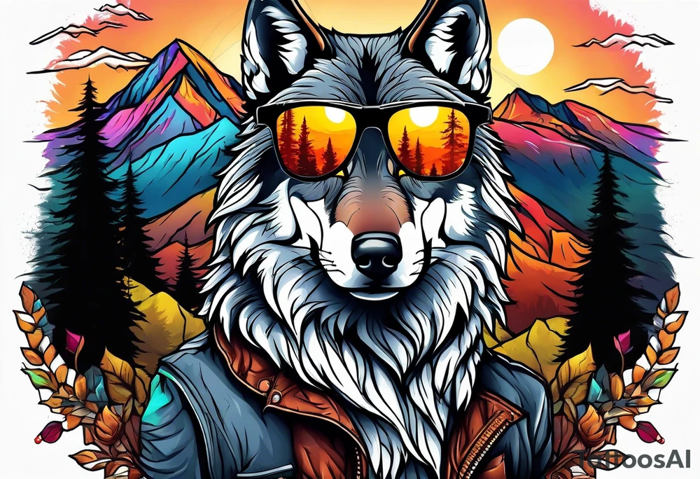 Badass wolf wearing sunglasses
Dark woods
Mountain peaks
Sunset tattoo idea