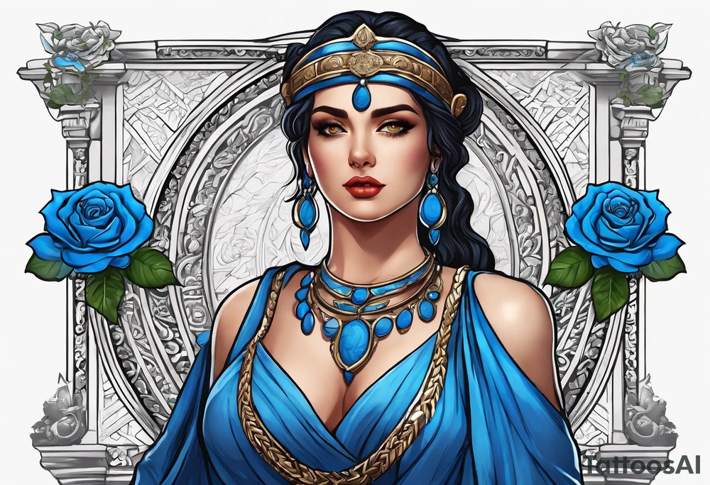 ancient rome clothes ,women,,ancient scale in one hand, blue rose frames, justicia keeps  scale tattoo idea