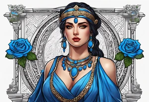 ancient rome clothes ,women,,ancient scale in one hand, blue rose frames, justicia keeps  scale tattoo idea
