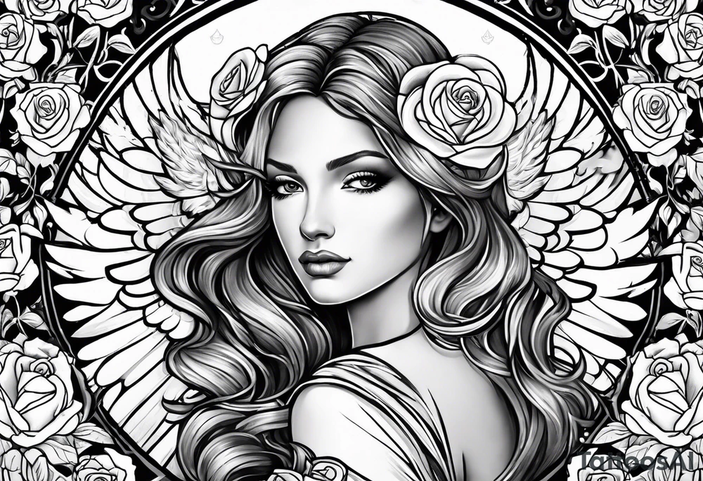 Angel, roses, name MARTINA tattoo idea