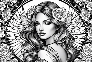 Angel, roses, name MARTINA tattoo idea