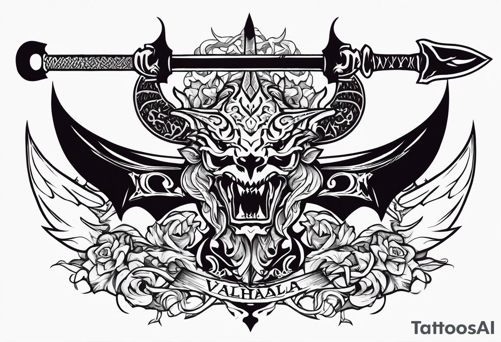 Valhalla death 
prayer sword dragon head axe tattoo idea