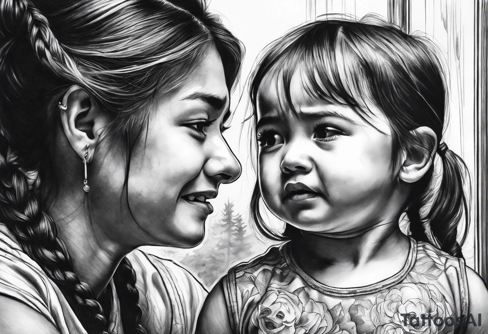 Little girl crying in the mirror with older self looking back and father spirit standing behind tattoo idea