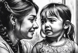 Little girl crying in the mirror with older self looking back and father spirit standing behind tattoo idea
