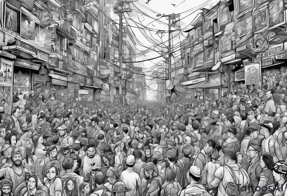 crowded liminal space full of conflicts and sticking out is a single stick figure that is locked in tattoo idea