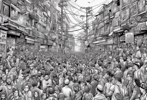 crowded liminal space full of conflicts and sticking out is a single stick figure that is locked in tattoo idea