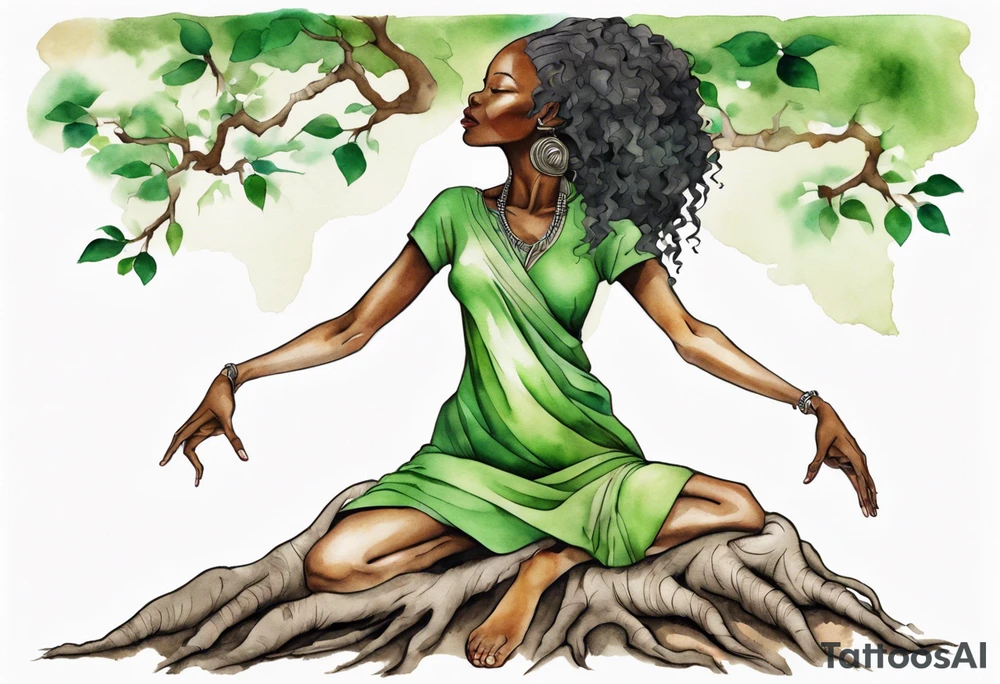 a tree trunk with roots that is a black woman from the waist up, feet made of tree roots, wearing a green tunic, arms reaching up towards the sun tattoo idea