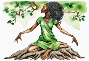 a tree trunk with roots that is a black woman from the waist up, feet made of tree roots, wearing a green tunic, arms reaching up towards the sun tattoo idea